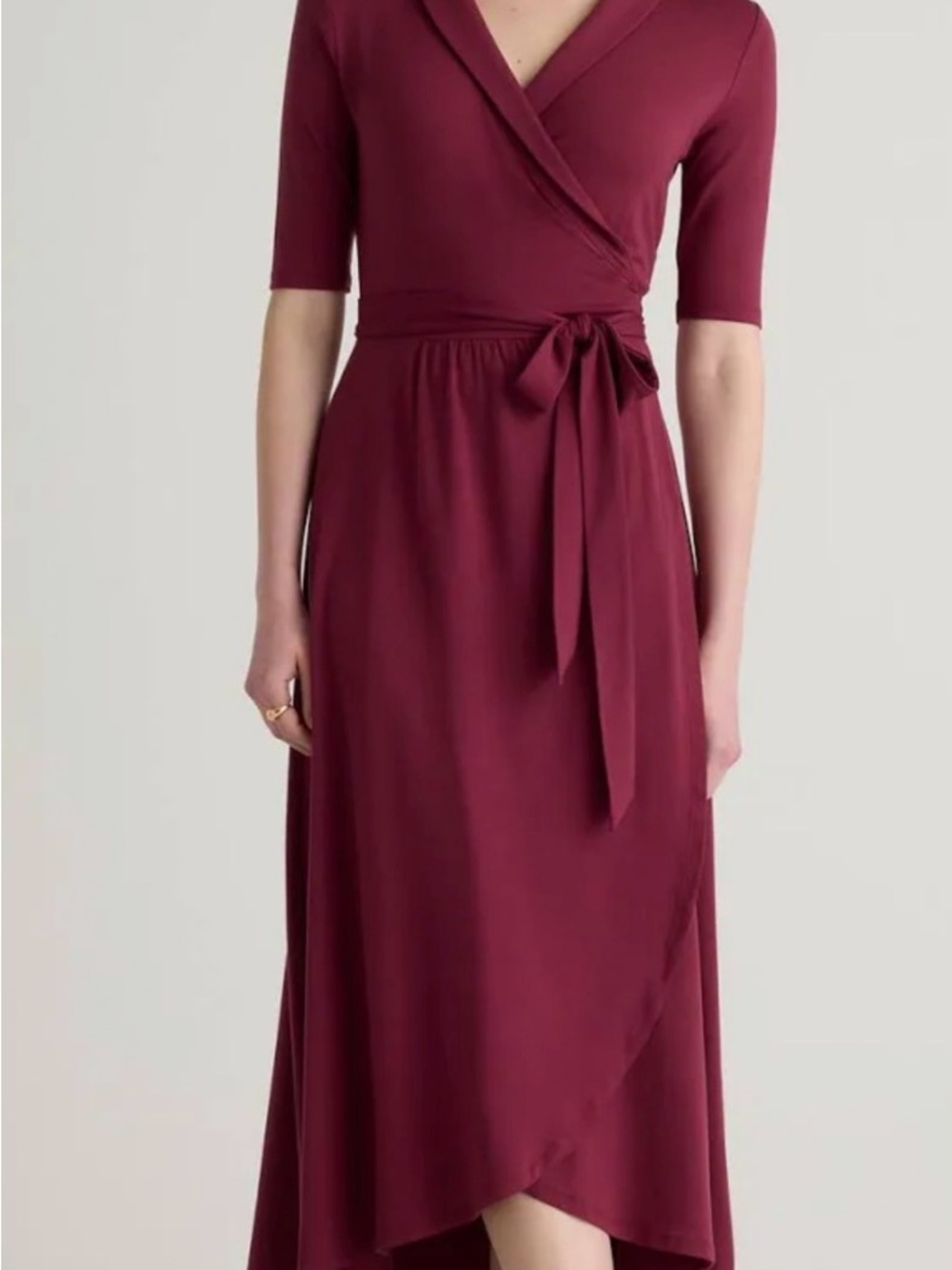 Quince Tencel Jersey Burgundy Wrap-Style Midi Dress